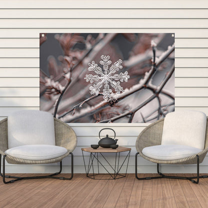 Gedetailleerde macrofoto van sneeuwvlok op takken tuinposter