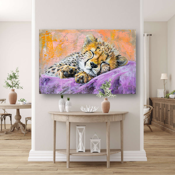 Slapende cheeta in kleurrijke abstracte stijl poster