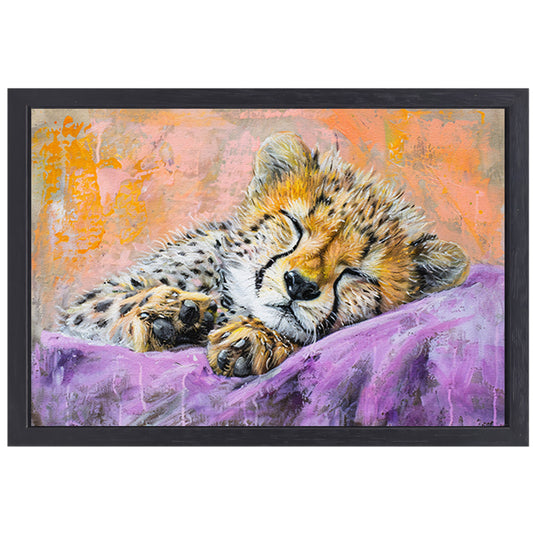 Slapende cheeta in kleurrijke abstracte stijl canvas met baklijst