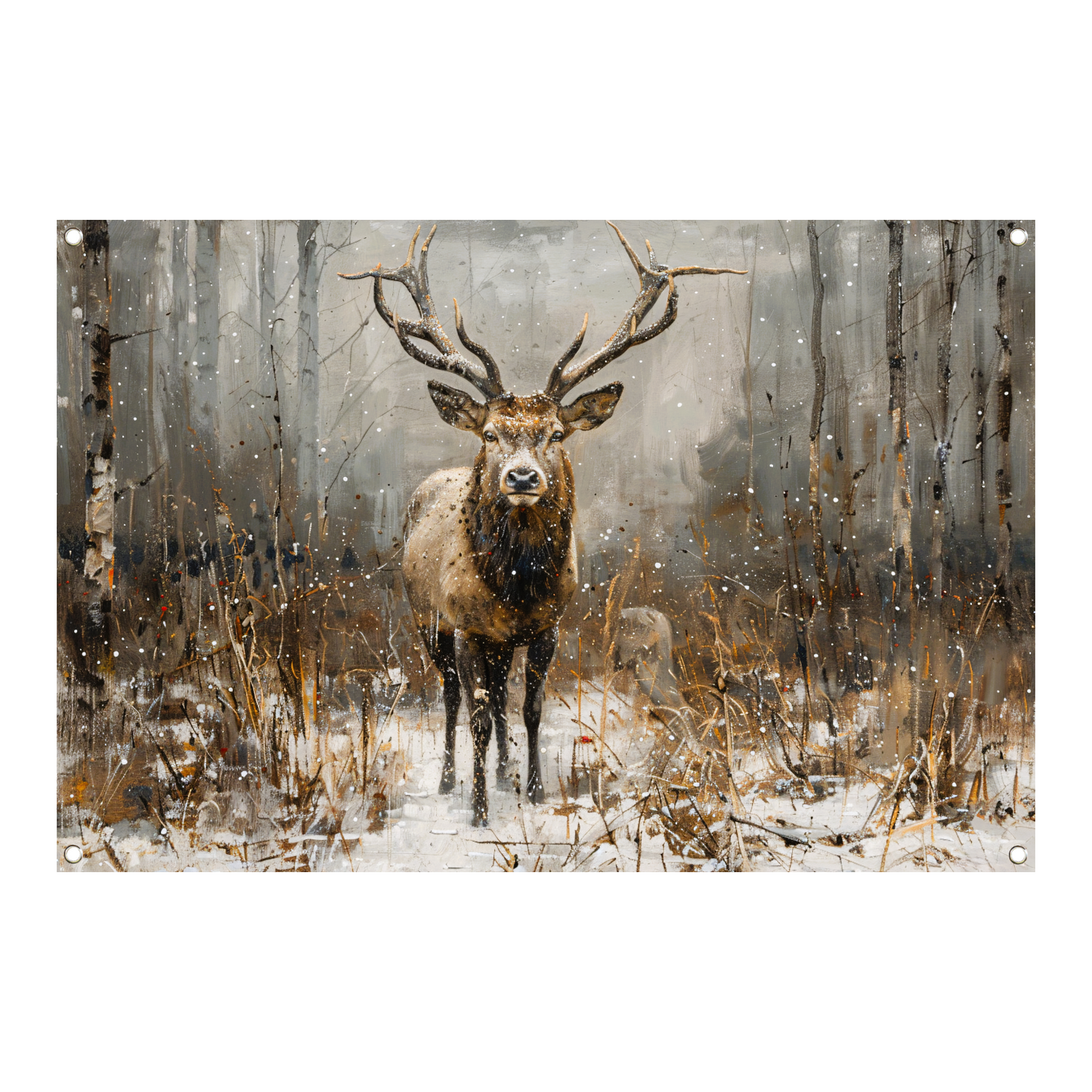 Majestueus hert in besneeuwd boslandschap tuinposter