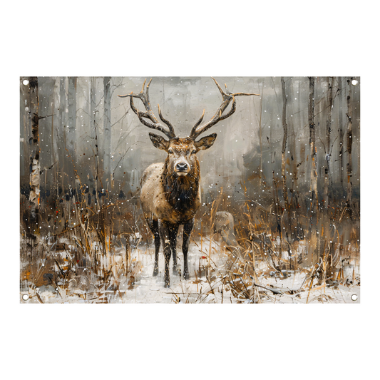 Majestueus hert in besneeuwd boslandschap tuinposter