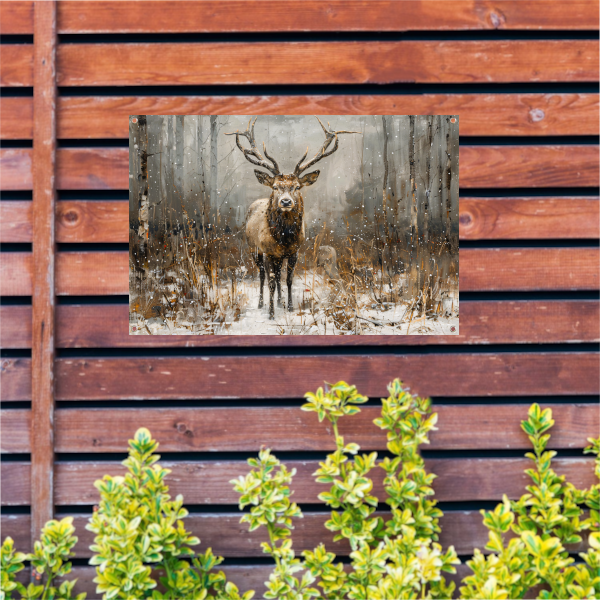 Majestueus hert in besneeuwd boslandschap tuinposter