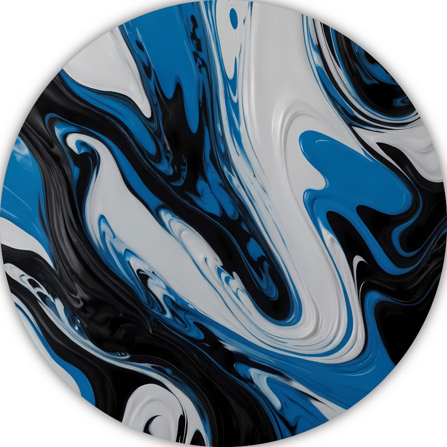 Abstracte vloeistofkunst in blauw en zwart aluminium muurcirkel