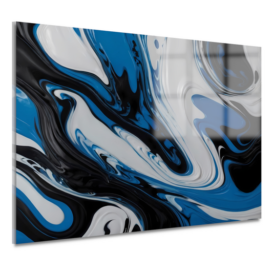 Abstracte vloeistofkunst in blauw en zwart acrylglas