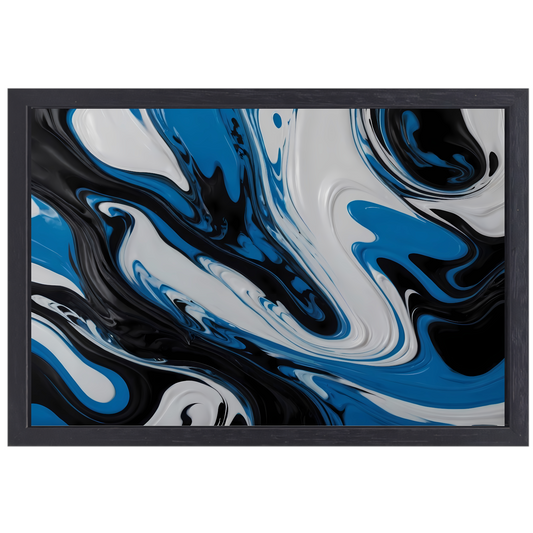 Abstracte vloeistofkunst in blauw en zwart canvas met baklijst