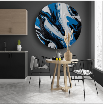 Abstracte vloeistofkunst in blauw en zwart forex muurcirkel