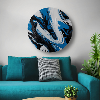 Abstracte vloeistofkunst in blauw en zwart forex muurcirkel