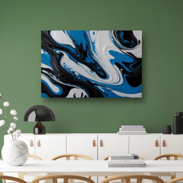 Abstracte vloeistofkunst in blauw en zwart canvas met baklijst