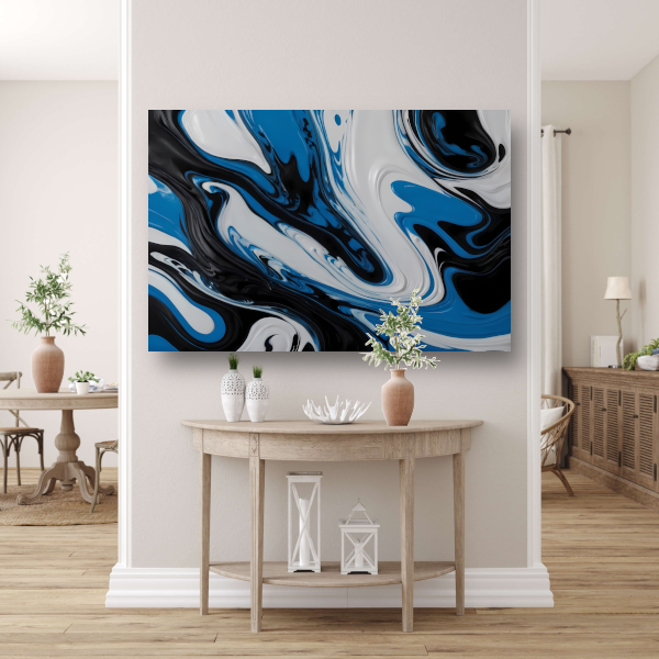 Abstracte vloeistofkunst in blauw en zwart canvas met baklijst