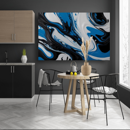 Abstracte vloeistofkunst in blauw en zwart canvas met baklijst