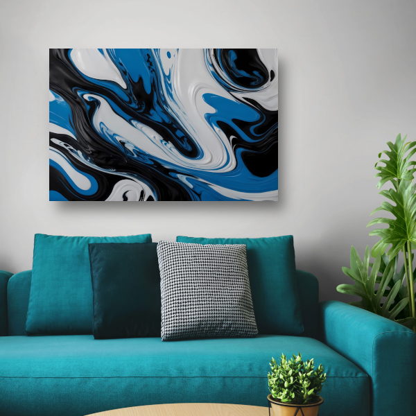 Abstracte vloeistofkunst in blauw en zwart canvas met baklijst