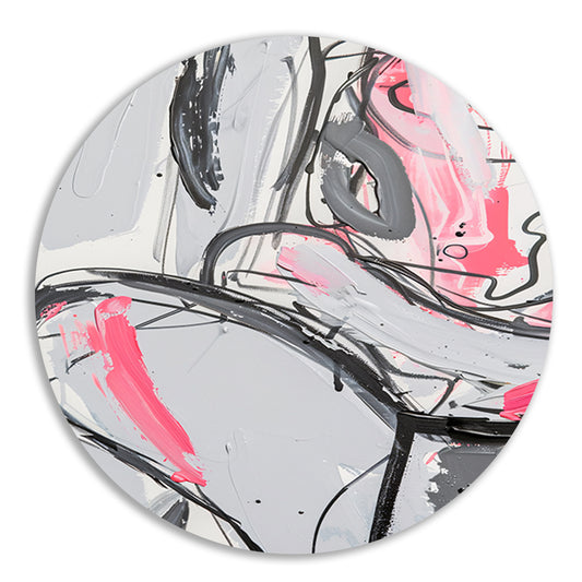 Abstract schilderij met dynamische lijnen en kleuren aluminium muurcirkel