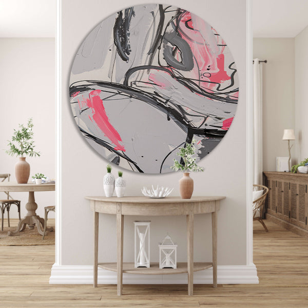 Abstract schilderij met dynamische lijnen en kleuren aluminium muurcirkel