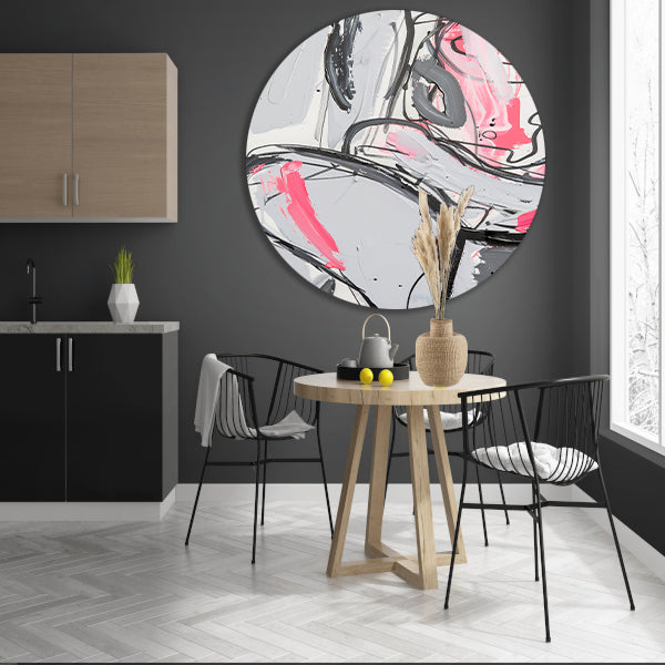 Abstract schilderij met dynamische lijnen en kleuren aluminium muurcirkel