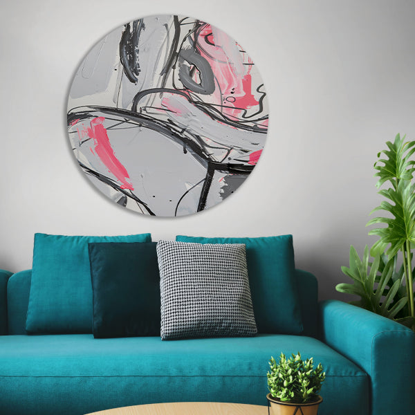 Abstract schilderij met dynamische lijnen en kleuren aluminium muurcirkel