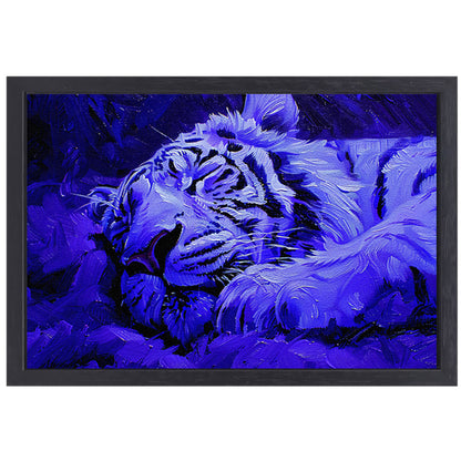 Blauwe abstracte tijger in rust canvas met baklijst