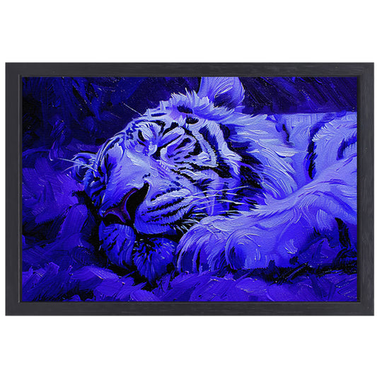 Blauwe abstracte tijger in rust canvas met baklijst