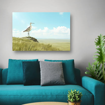 Elegante vogel op een grasheuvel schilderij poster