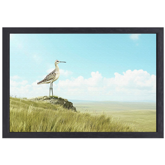 Elegante vogel op een grasheuvel schilderij canvas met baklijst