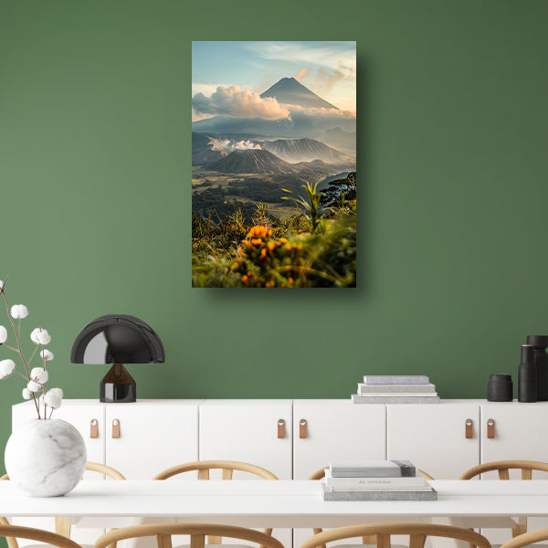 Vulkanisch landschap met bloemen bij zonsopgang poster