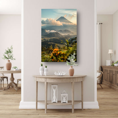 Vulkanisch landschap met bloemen bij zonsopgang poster