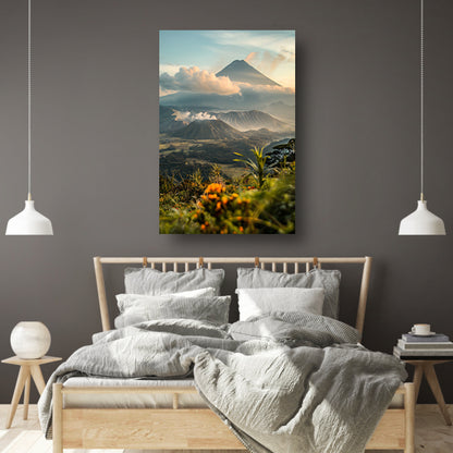 Vulkanisch landschap met bloemen bij zonsopgang poster