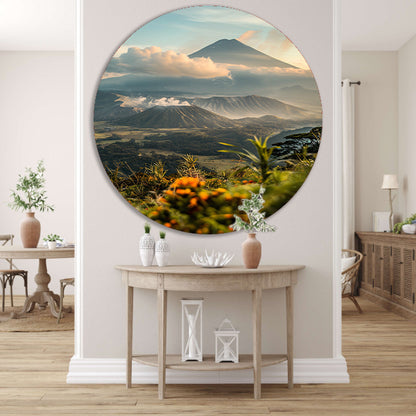 Vulkanisch landschap met bloemen bij zonsopgang forex muurcirkel