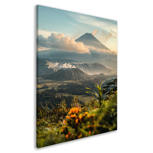 Vulkanisch landschap met bloemen bij zonsopgang canvas