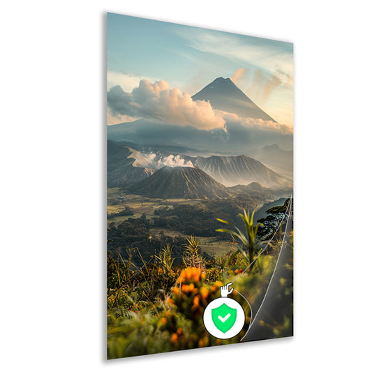 Vulkanisch landschap met bloemen bij zonsopgang poster