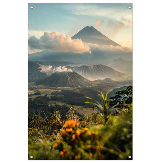 Vulkanisch landschap met bloemen bij zonsopgang tuinposter