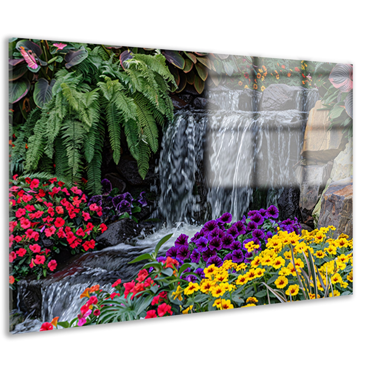 Kleurrijke tuin met bloemen en waterval acrylglas