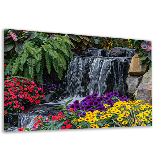 Kleurrijke tuin met bloemen en waterval canvas