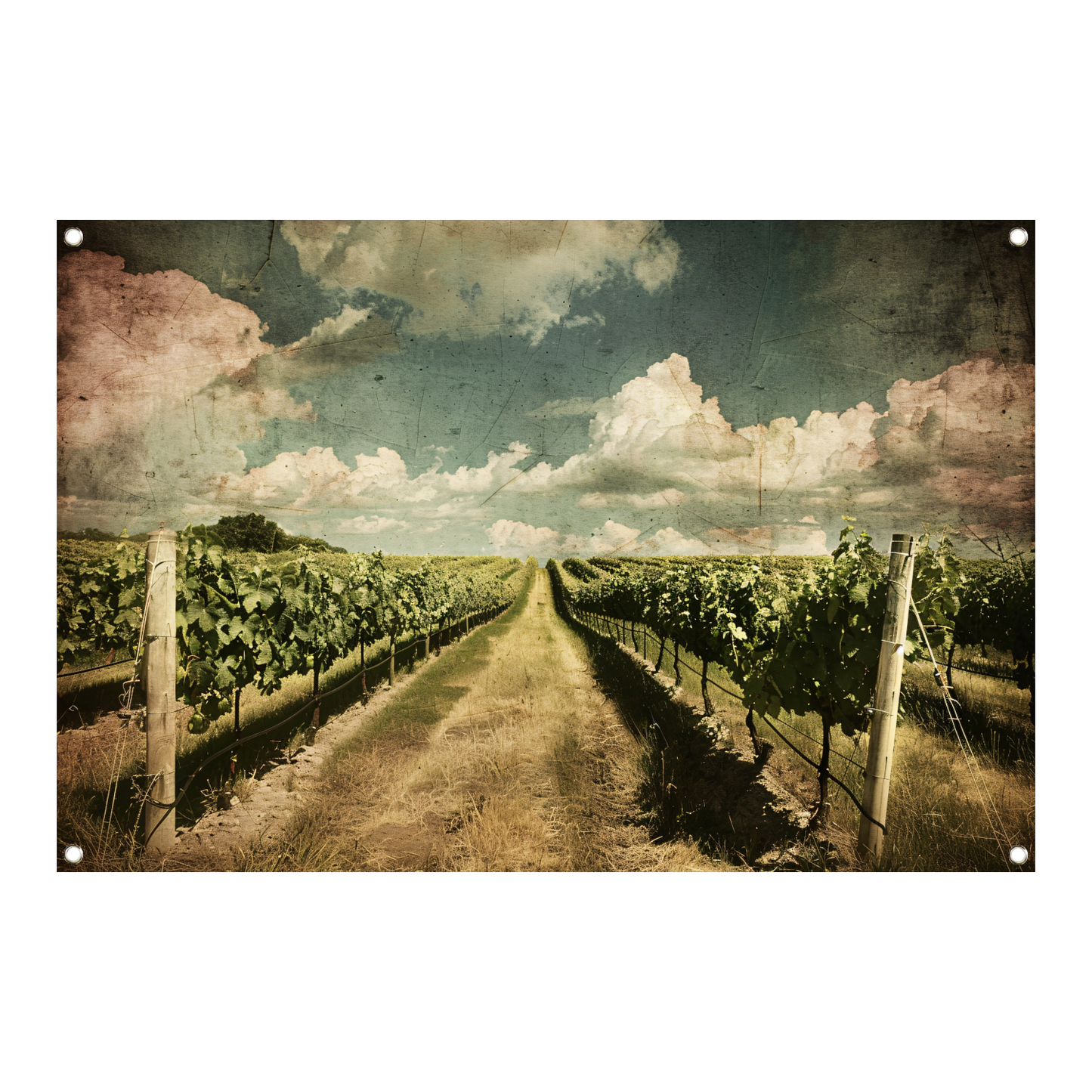 Wijngaardpad onder een dynamische wolkenhemel tuinposter