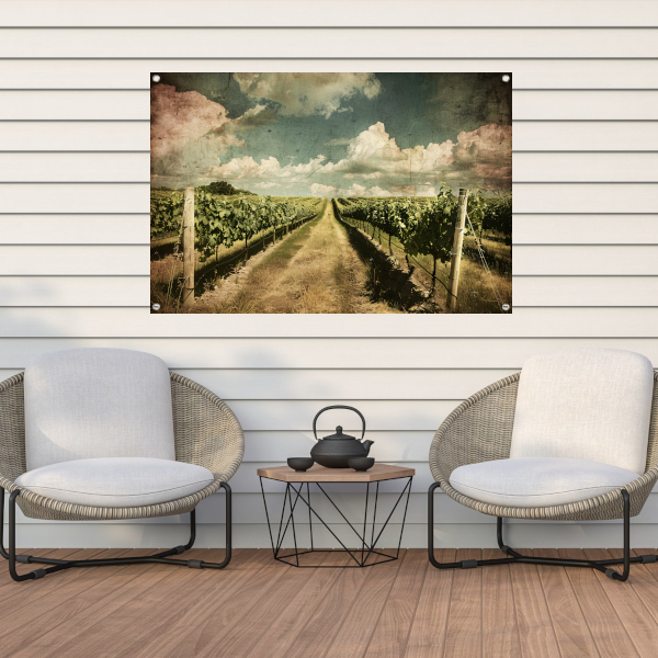 Wijngaardpad onder een dynamische wolkenhemel tuinposter