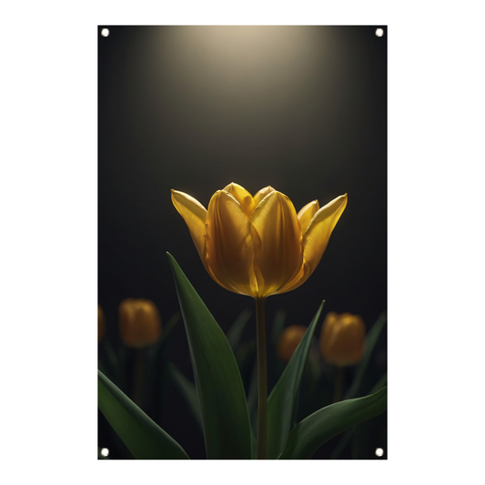 Gloeiende gele tulp in het donker tuinposter