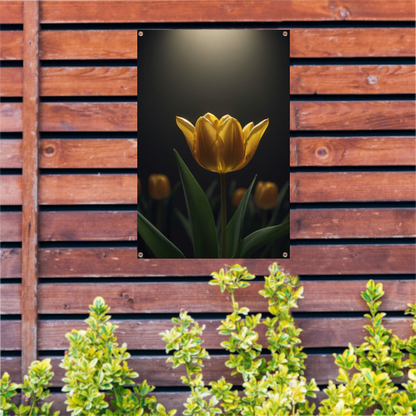 Gloeiende gele tulp in het donker tuinposter