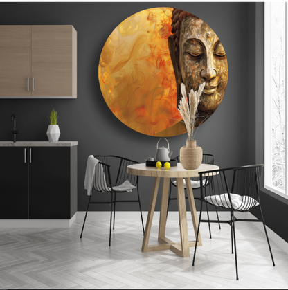 Gouden Boeddha met Harmonische Herfsttinten aluminium muurcirkel