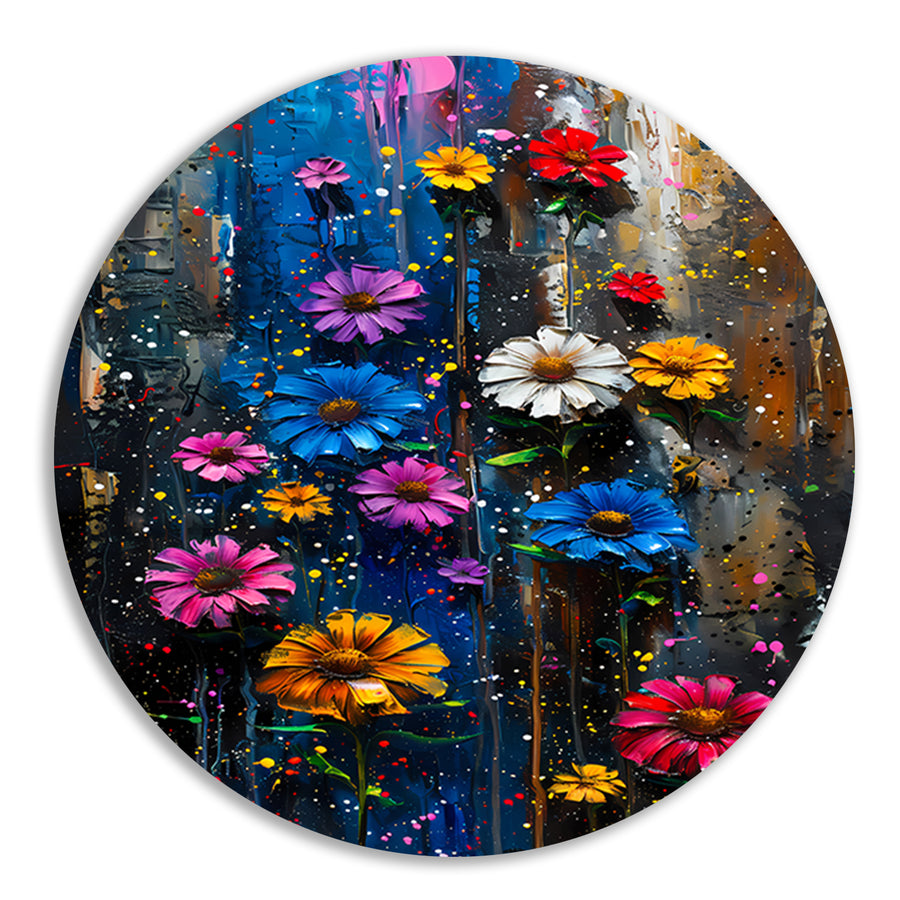 Kleurrijk abstract schilderij van levendige bloemen aluminium muurcirkel
