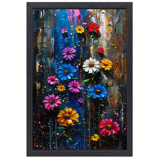 Kleurrijk abstract schilderij van levendige bloemen canvas met baklijst