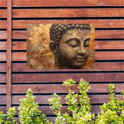 Abstracte Boeddha met serene blik en gouden bladeren tuinposter