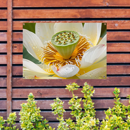 Gedetailleerde close-up van een bloeiende lotus tuinposter