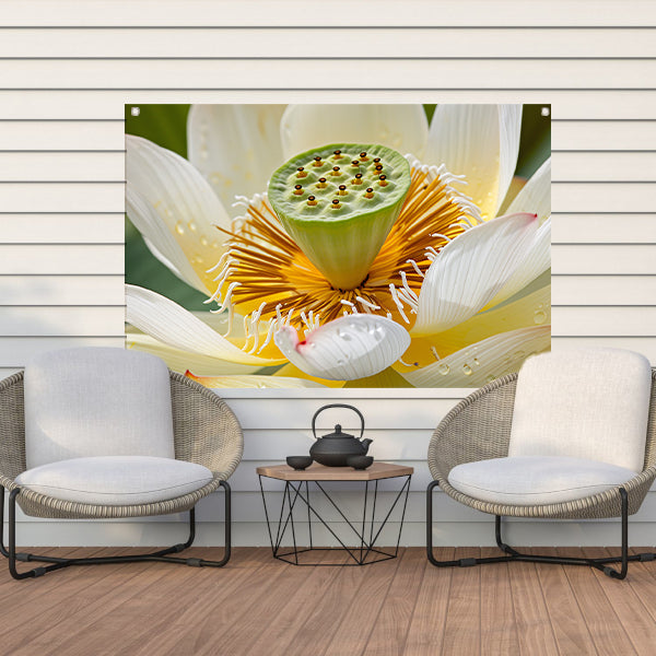 Gedetailleerde close-up van een bloeiende lotus tuinposter