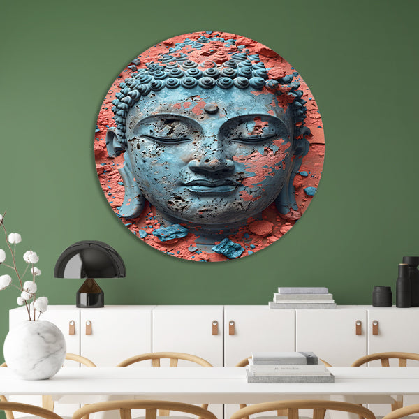 Turquoise Boeddha met Oranjerode Achtergrond aluminium muurcirkel