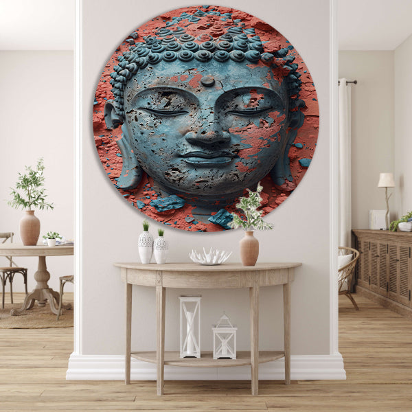 Turquoise Boeddha met Oranjerode Achtergrond aluminium muurcirkel