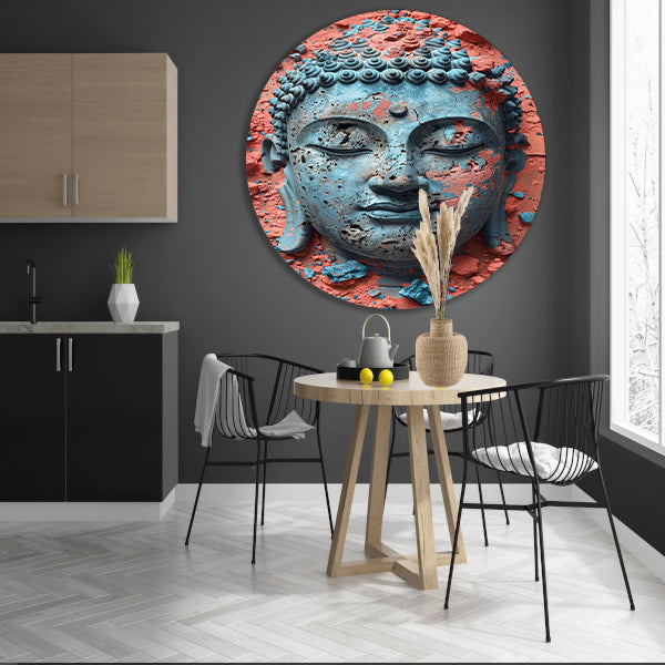 Turquoise Boeddha met Oranjerode Achtergrond aluminium muurcirkel