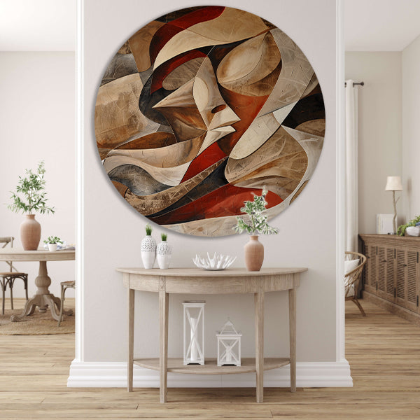 Dynamisch abstract portret met kleurrijke vormen aluminium muurcirkel