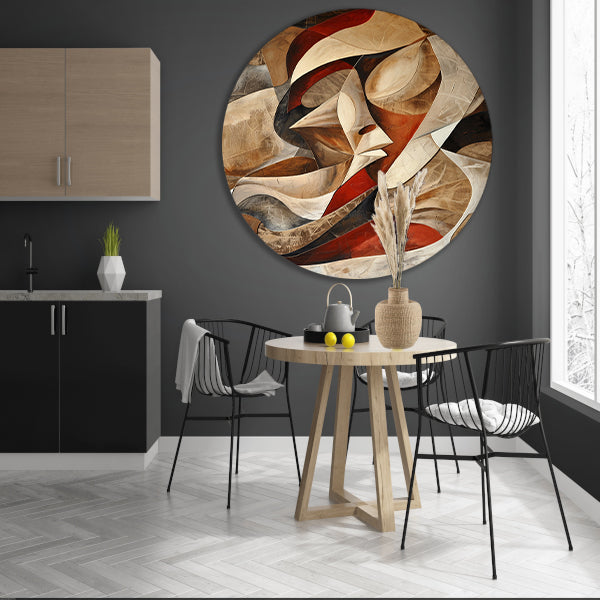 Dynamisch abstract portret met kleurrijke vormen aluminium muurcirkel