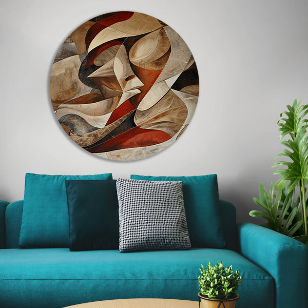 Dynamisch abstract portret met kleurrijke vormen aluminium muurcirkel