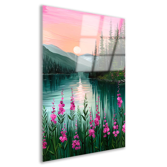 Roze zonsondergang bij rustig bergmeer met bloemen acrylglas