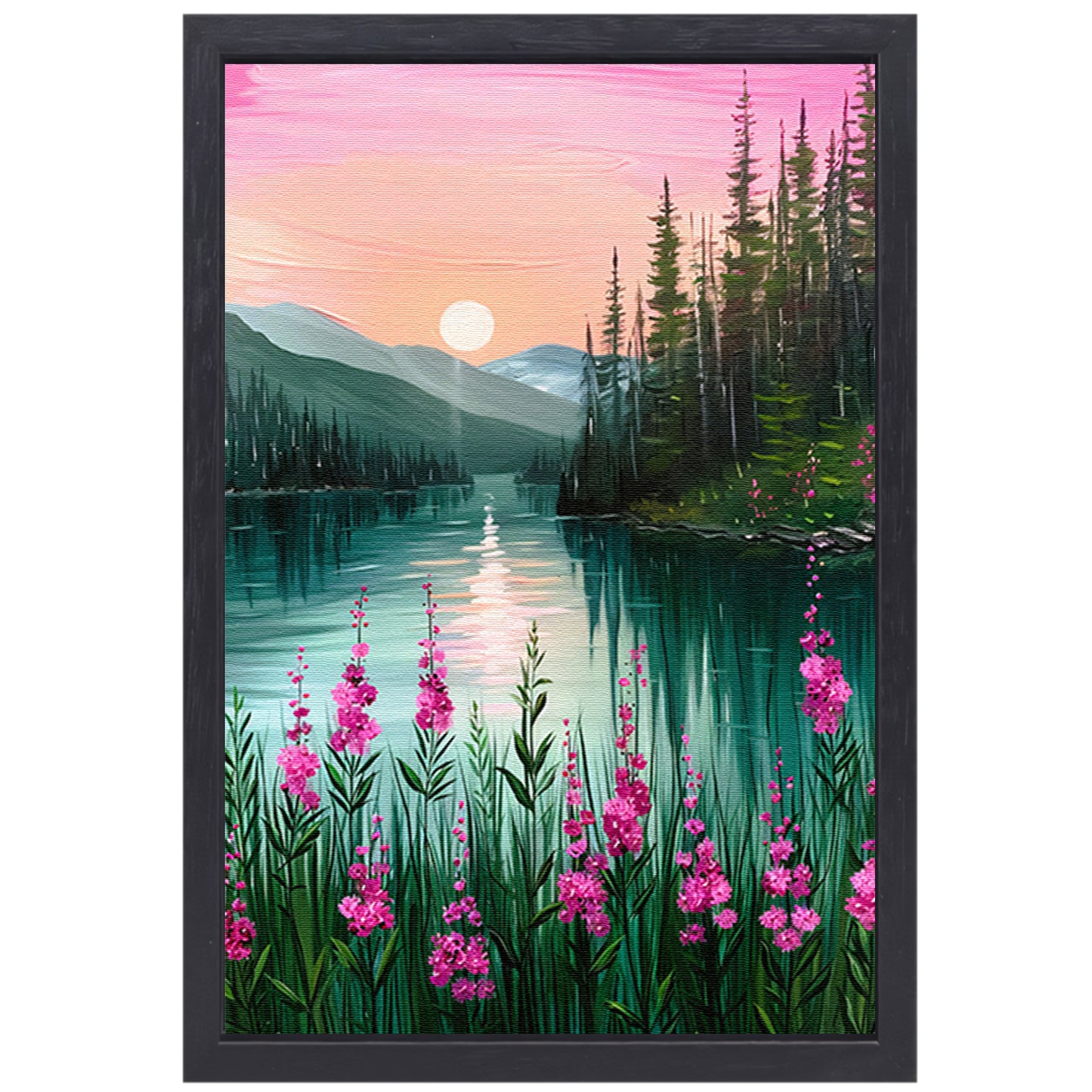 Roze zonsondergang bij rustig bergmeer met bloemen canvas met baklijst
